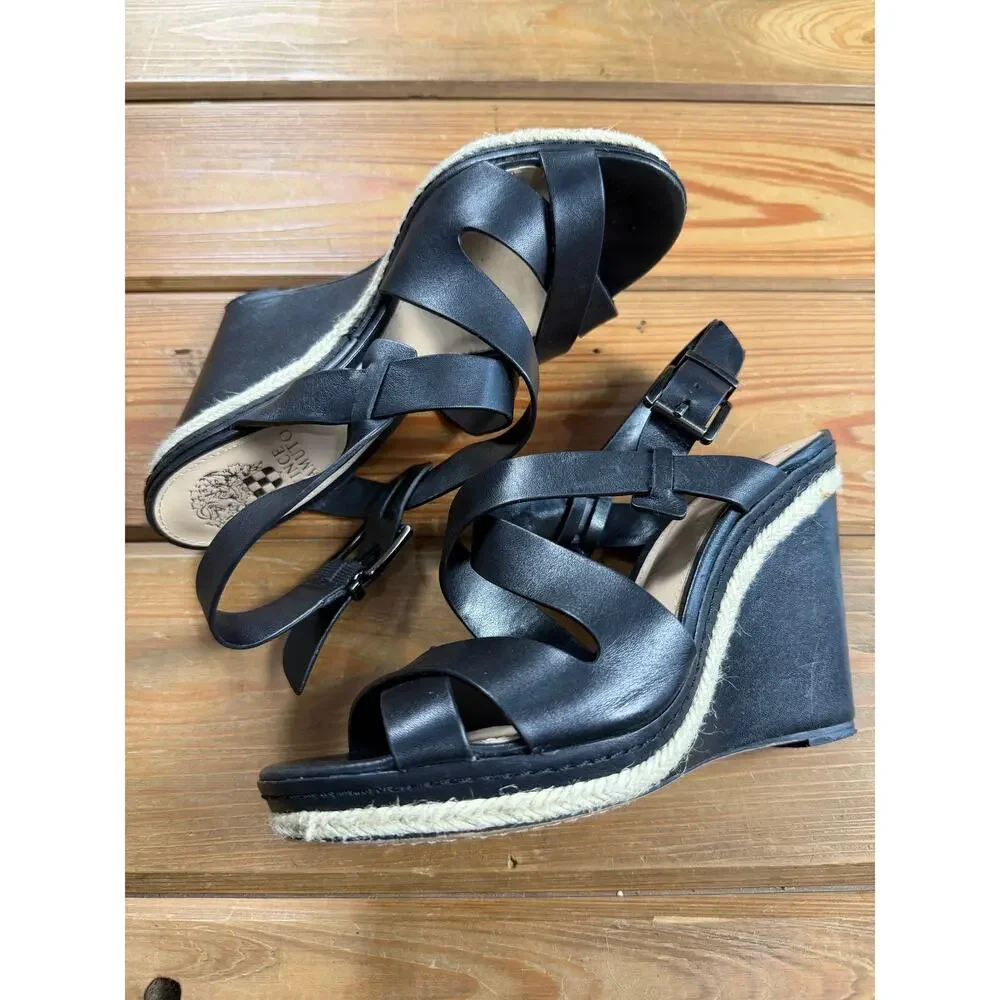 Vince Camuto Black Leather Espadrille Wedge Sandals Ankle Strap Women’s 7.5